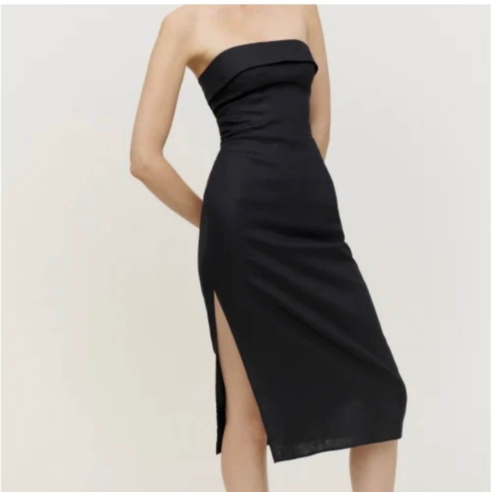 Reformation Marcella Linen‎ Dress Black Strapless Midi Side Slit Wedding Resort